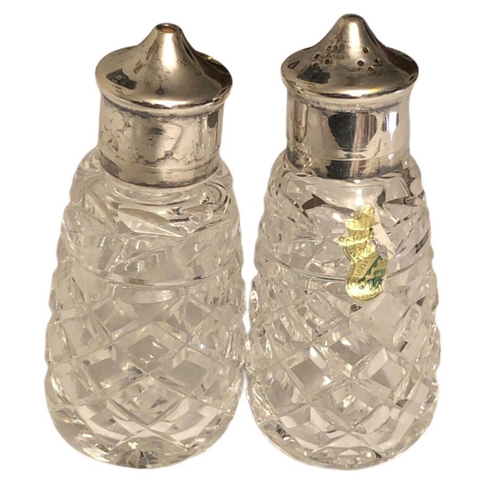 Vintage Waterford Crystal GLANDORE Salt & Pepper Shaker Set Silver Plate Lids